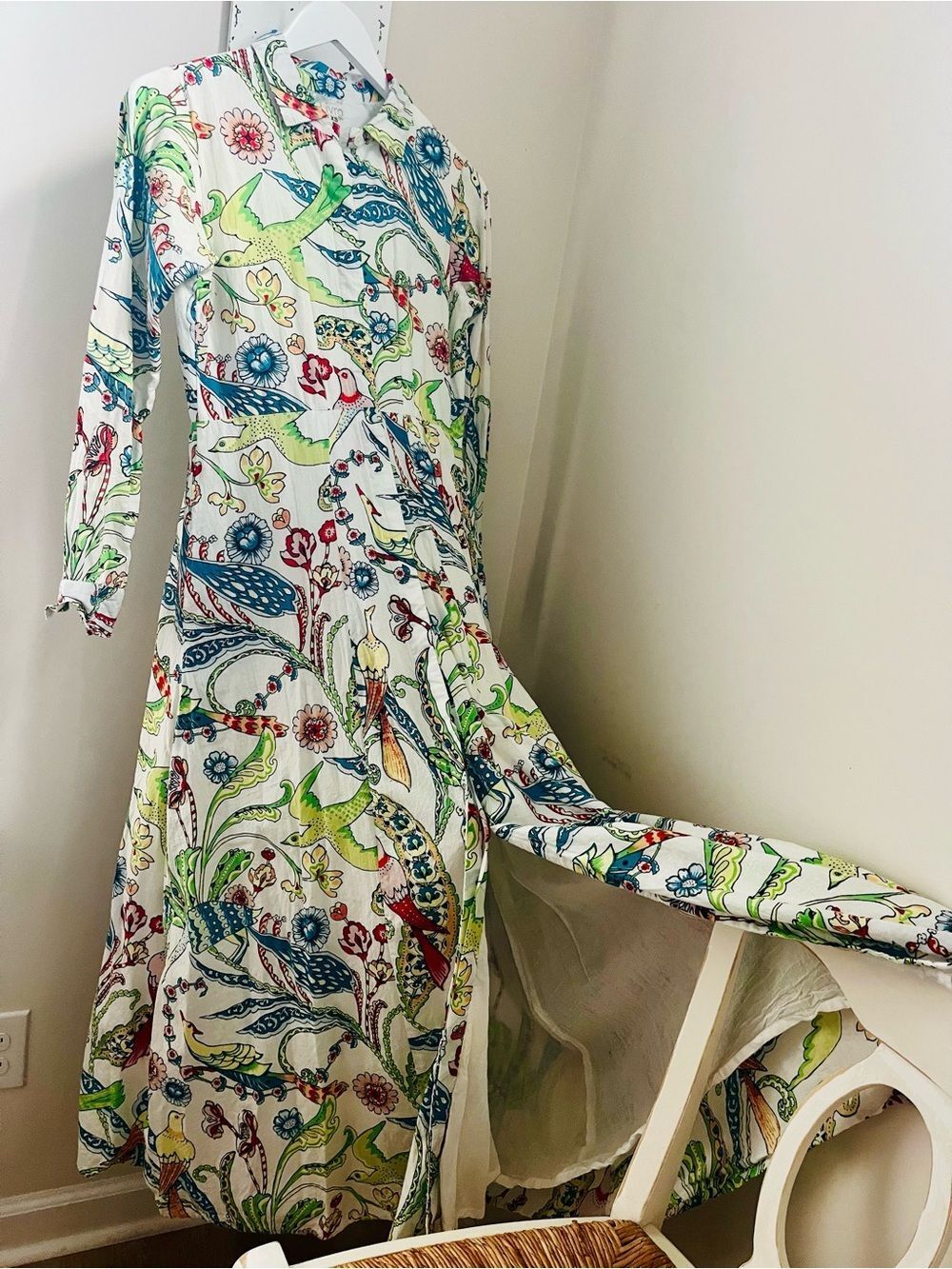 LIVRO Floral& Bird Print Button-Front Maxi Dress, fully lined with pockets; XS - Picture 8 of 11